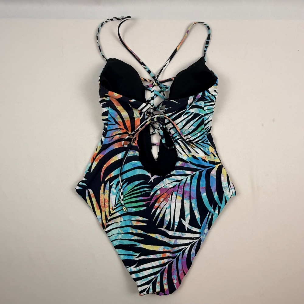 Bar III Womens Small Tropical Palm Leaf Lace Up One Piece Swimsuit Black Small - Picture 2 of 7